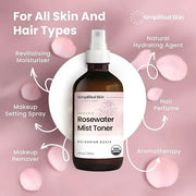 Rose Water Spray for Face & Hair - Organic USDA Certified Rosewater Facial Toner - Alcohol-Free Makeup Setting Hydrating F...