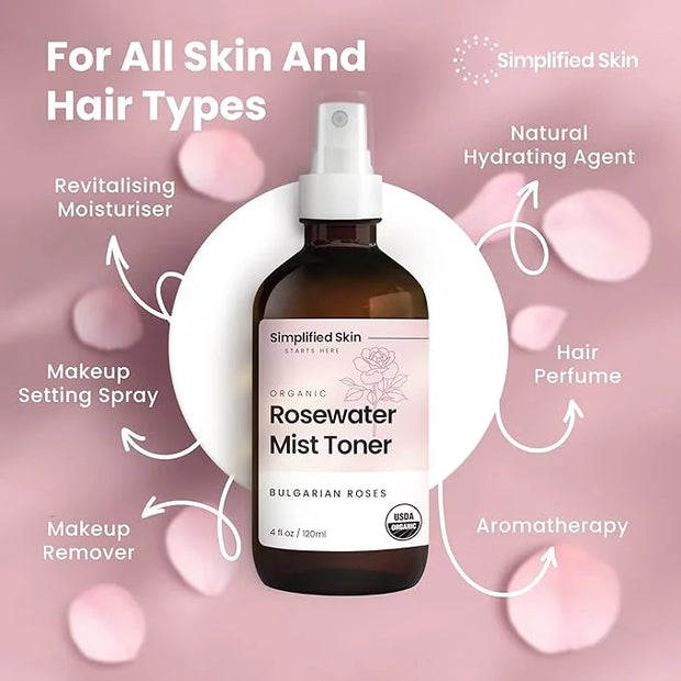 Rose Water Spray for Face & Hair - Organic USDA Certified Rosewater Facial Toner - Alcohol-Free Makeup Setting Hydrating F...