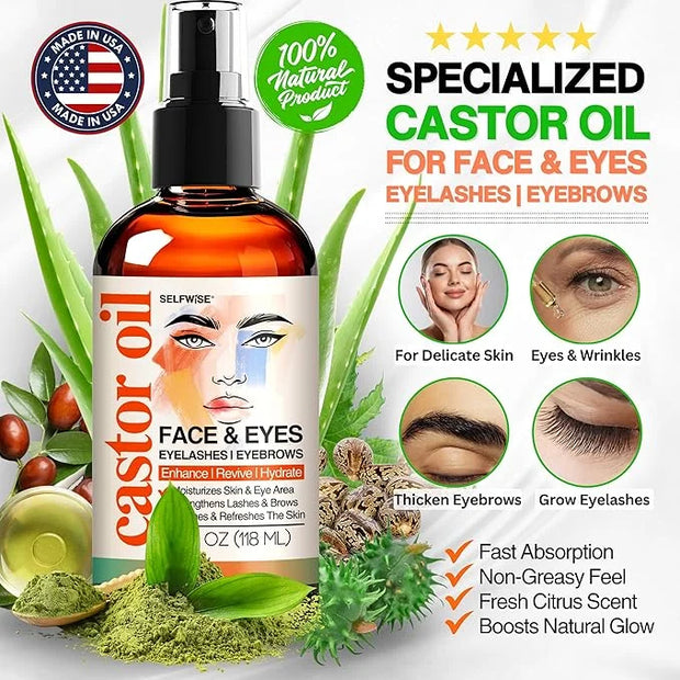Organic Castor Oil For Face Moisturizer, Eyes, Eyelashes, Eyebrows, Wrinkles with Jojoba, Rosehip, Grapeseed, Squalane, Pa...