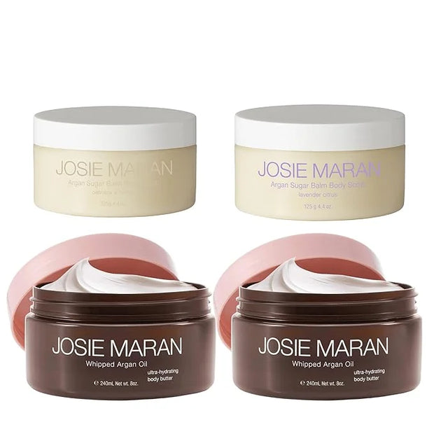 Josie Maran Bod Squad Body Care Set - Includes 2 Argan Sugar Scrubs & 2 Body Butters - Nourishes Skin with Gentle Exfoliat...