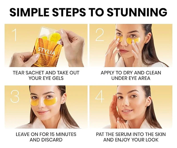 Stylia Under Eye Patches for Dark Circles and Puffy Eyes (30 Pairs) - 24k Gold Under Eye Mask with Vitamin C, Hyaluronic A...