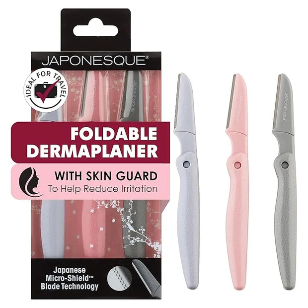 JAPONESQUE Foldable Dermaplaner Facial Razors - 3 Piece Set, Eyebrow And Facial Hair Razor Kit - One Blade Fixed Dermaplan...