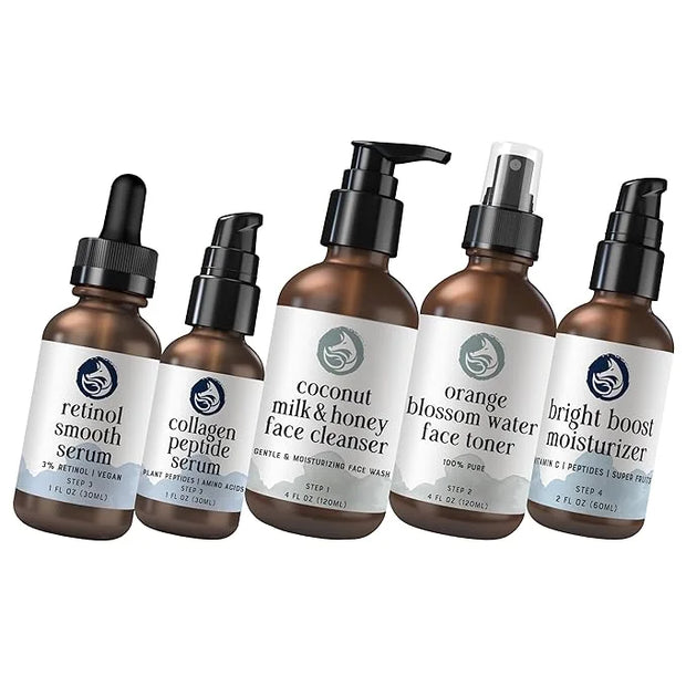 Complete Skincare Set: Retinol Serum, Peptide Collagen Serum, Milk & Honey Cleanser, Orange Blossom Toner, Bright Boost Mo...