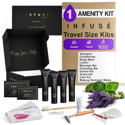 Infuse Black Amenity & Accessory Kit | 1 oz Travel Size Shampoo, Conditioner, Lotion, Body Wash, Body Bar, 2 Cleansing Bar...