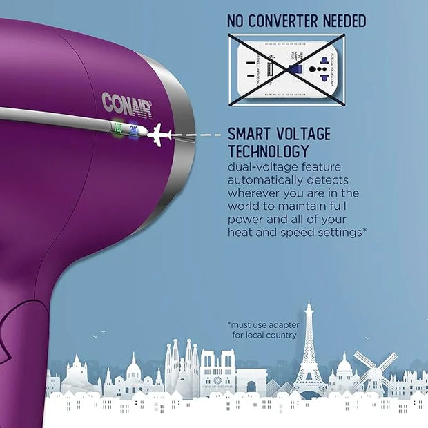 Conair Hair Dryer, Worldwide Travel Hair Dryer with Smart Voltage Technology and Folding Handle, Includes Diffuser and Con...
