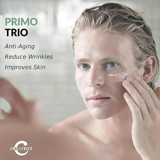 Challenger Men's Primo Anti-Aging Trio - Face Serum, Moisturizer, & Eye Cream - Plant Stem Cells, Matrixyl 300, Vitamin C,...
