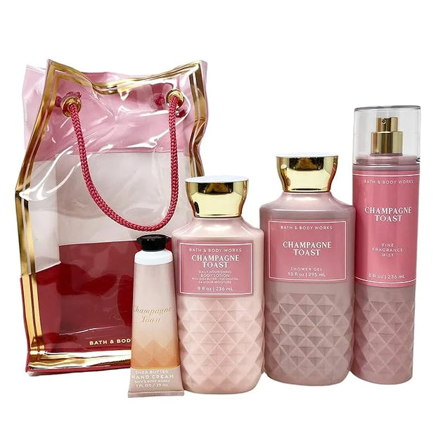 Bath and Body Works CHAMPAGNE TOAST Gift Bag Set - Body lotion - Shower Gel and Fine Fragrance Mist Plus a Shea Butter Han...