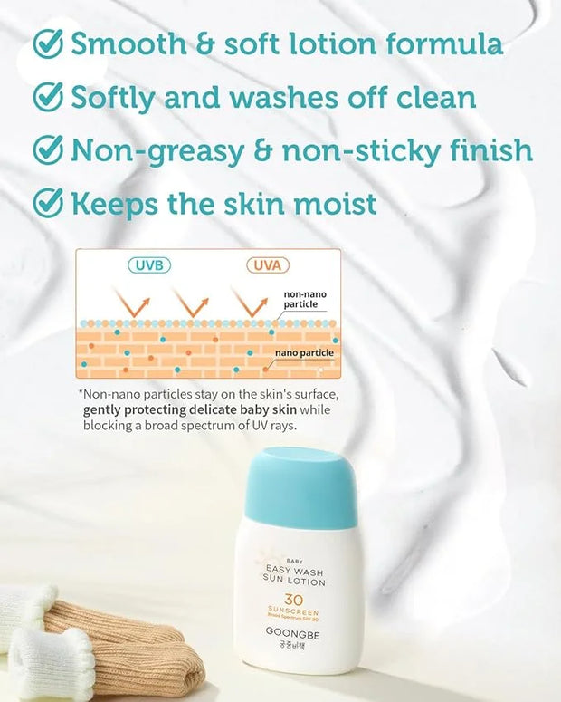 Baby Easy Wash Sun Lotion SPF 30 - Korean Moisturizing Zinc Oxide Mineral Sunscreen for Babies and Kids - Washes Off Easil...