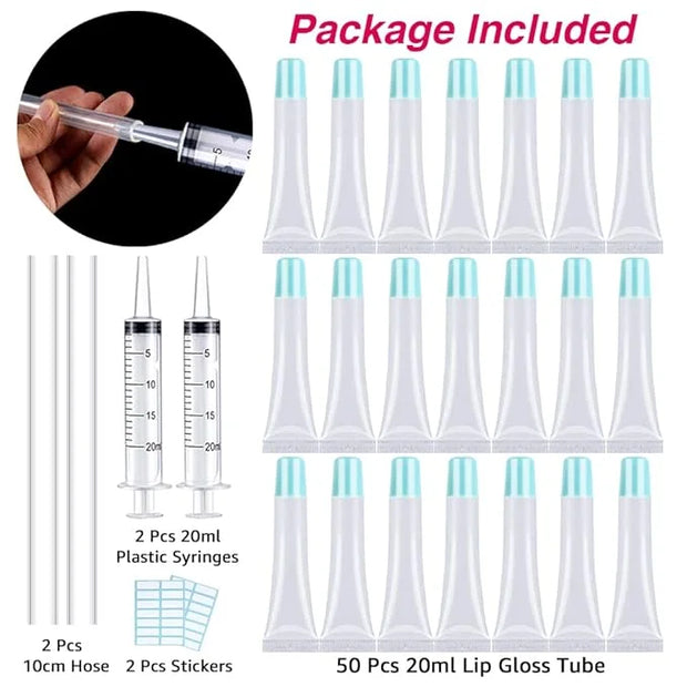 AMORIX 50PCS Lip Gloss Tubes 20ml Blue Cap Lip Gloss Containers Empty Lip Balm Tubes Squeeze Lipgloss Tubes + 2 x 20ml Syr...