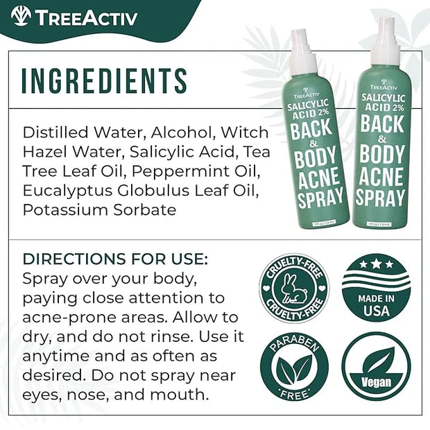 Salicylic Acid Back & Body Acne Spray, Back Acne Solution For Women And Men, Acne Body Spray with Tea Tree Oil, Fast-Dryin...
