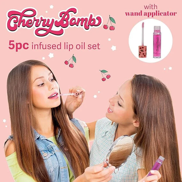 5pc Lip Oil Set - Cherry Bomb Lip Oils, Lip Healing Cherry Infused Lip Oil Collection with Precision Applicator Wand Every...