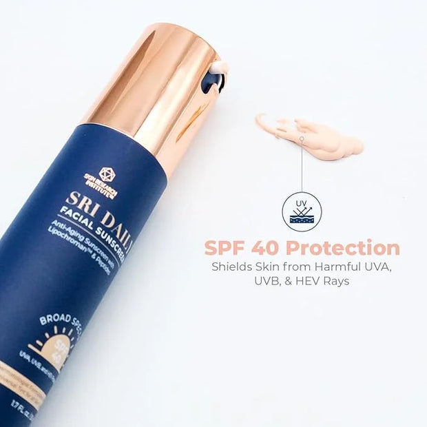 SRI Daily Facial Sunscreen - SPF 40 - Anti-Aging with Lipochroman & Peptides - Transparent Zinc Oxide - Universal tint & W...
