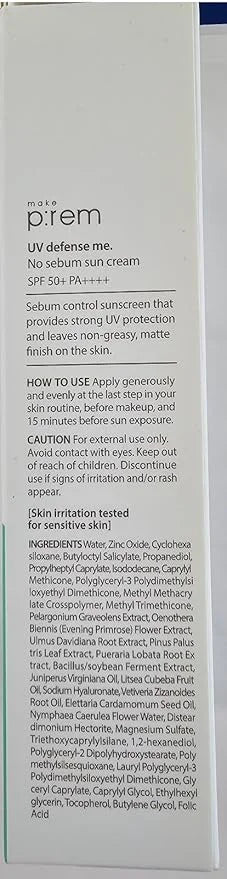 MAKEPREM No Sebum Sun Cream UV Defense SPF 50+ PA++++ Reef-safe, Ocean Friendly Sunscreen Sunblock - 1.7 Fl Oz, UV Protect...