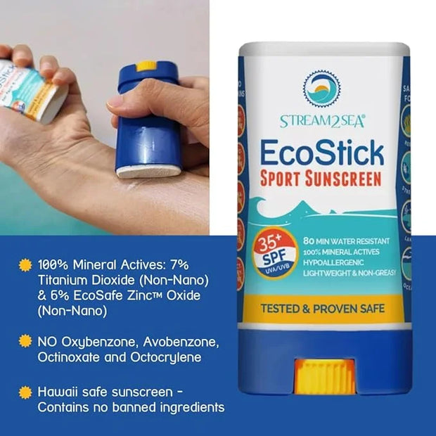 STREAM2SEA EcoStick SPF 35 Mineral Sunscreen Stick, Sweat Water Resistant Sunblock, USDA Approved Biodegradable Paraben Fr...