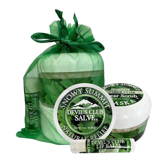 Snowy Summit's 3-Pc Devil's Club Gift Bag Set – Includes All-Natural Handcrafted Salve, Revitalizing Sugar Scrub, and Mois...