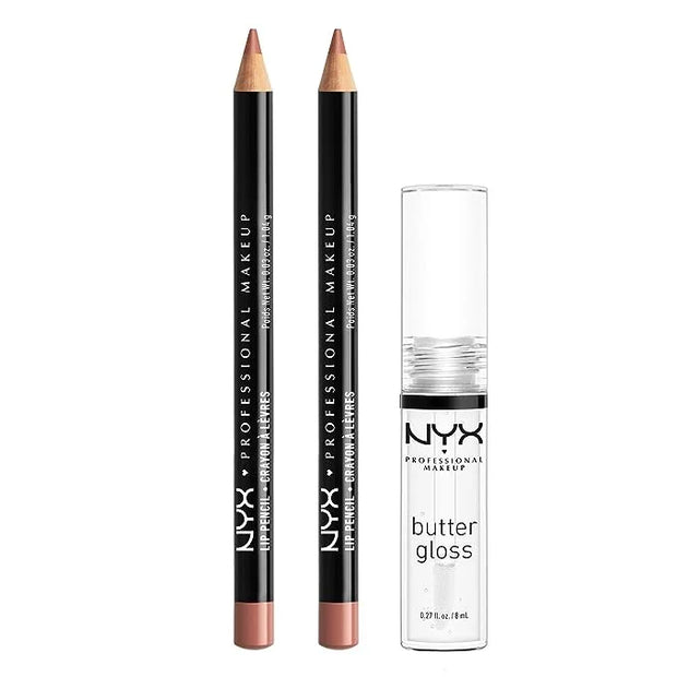 NYX PROFESSIONAL MAKEUP Slim Lip Pencil (Peakaboo Neutral) + Butter Gloss (Sugar Glass, Clear), 3-Pack Bundle - Product Image
