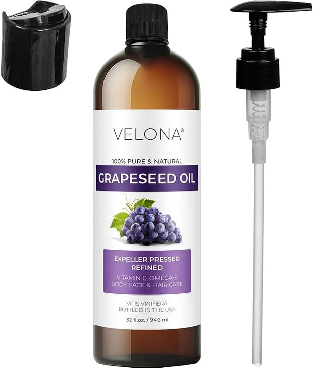 Grapeseed Oil by Velona - 32 fl oz | 100% Pure and Natural Carrier Oil | Refined, Cold Pressed | Cooking, Skin, Face, Body...