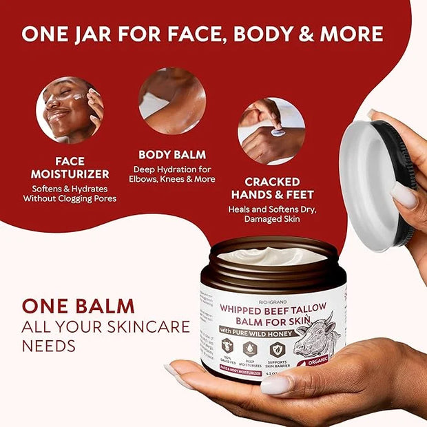 Beef Tallow for Skin - Whipped Grass-Fed Moisturizer with Wild Honey & Beeswax, Natural Face & Body Care, Deep Hydration, ...