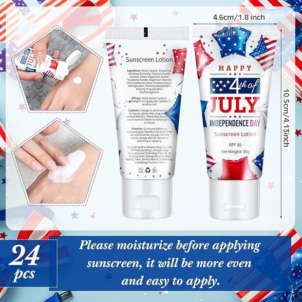 24 Pcs 4th of July Party Supplies Bulk Spf 30 Mini Sunscreen for Summer Independence Day Party 1oz Travel Size Thank You G...