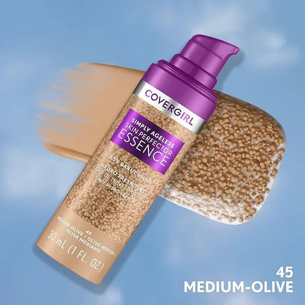 Covergirl Simply Ageless Skin Perfector Essence Foundation, 45 Medium-Olive, Tinted Skincare Makeup Hybrid, Sheer Tint, Ra...