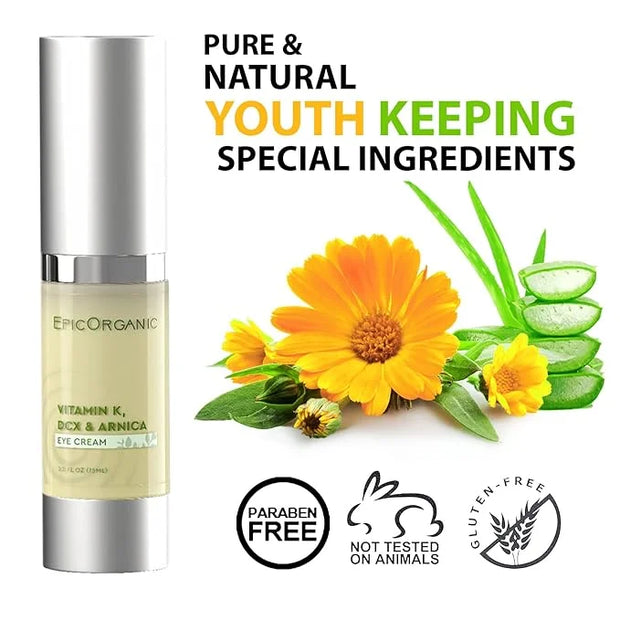 Epic Organic Eye Cream - Vitamin K & Arnica - Naturally Reduces Wrinkles, Under Eye Bags, Puffiness, Dark Circles & Fine L...