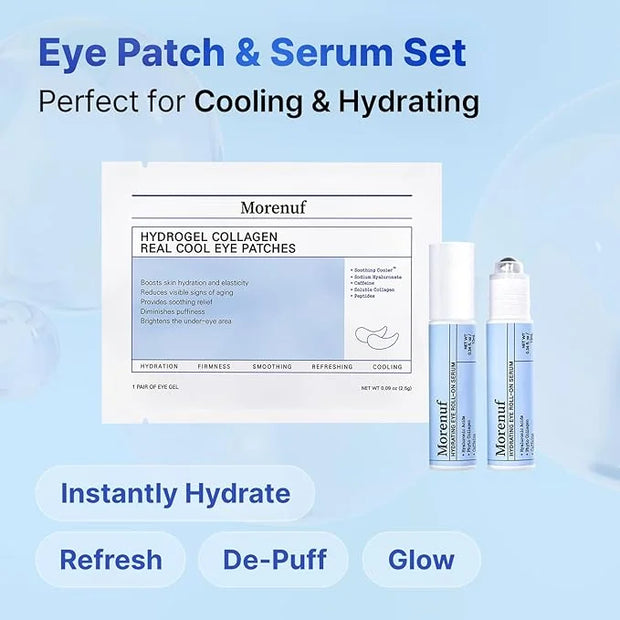 Hydrogel Collagen Real Cool 6 Pairs of Eye Patches & Hydrating Roll-On Serum Set for Dark Circles and Puffiness - Hyaluron...