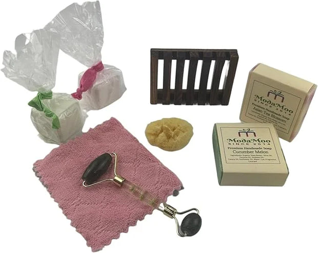 ModaMoo's Day Spa Gift Box Set. Cucumber Melon and Asian Tea Blossom Soaps, Jade Roller, Sea Sponge, and More - Product Image