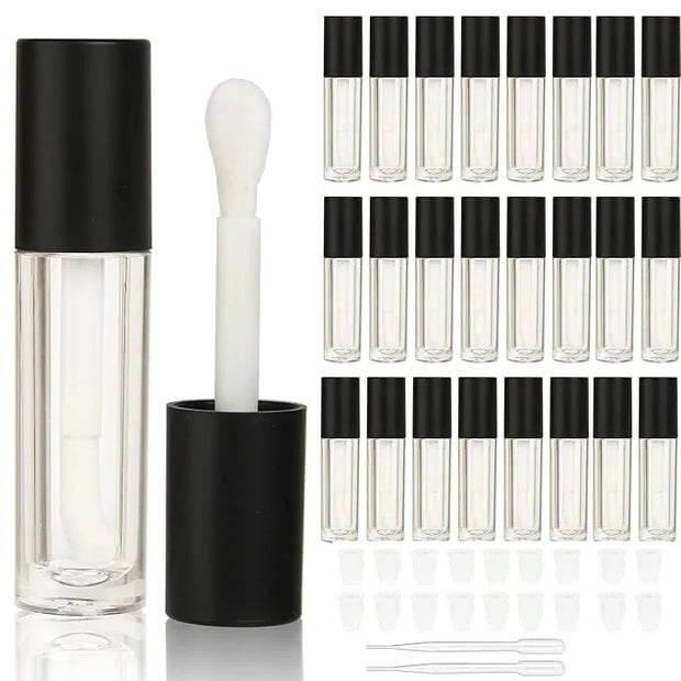 COSIDEA 24 pcs Empty 5ml big brush lip gloss tube black round lipgloss tubes container with big doe foot wand cosmetic pac...