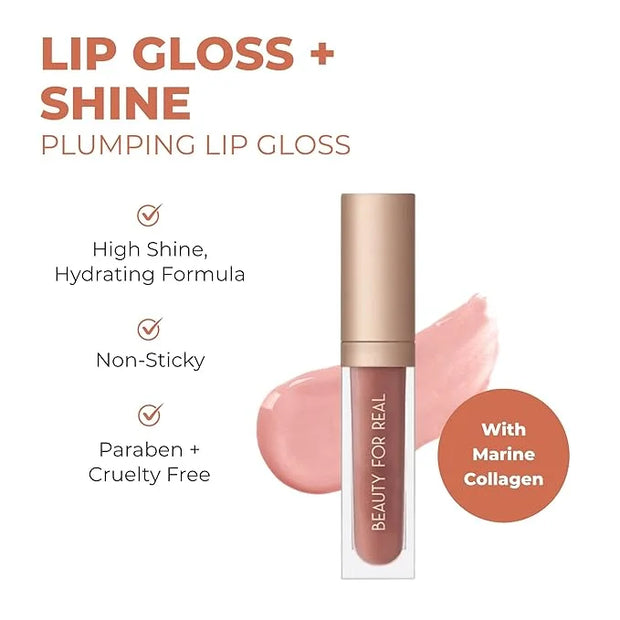 Beauty For Real Lip Gloss + Shine, Nudist - Beige Nude Pink - Non-Sticky Plumping & Hydrating Gloss - Light & Mirror In Ca...