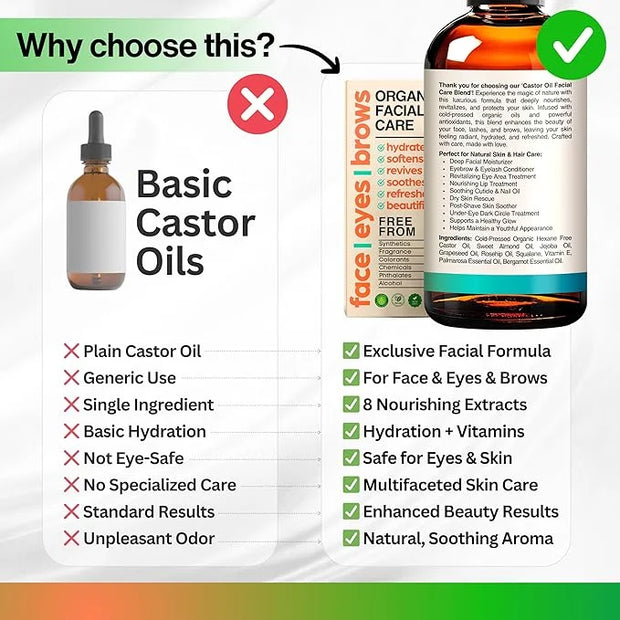 Organic Castor Oil For Face Moisturizer, Eyes, Eyelashes, Eyebrows, Wrinkles with Jojoba, Rosehip, Grapeseed, Squalane, Pa...