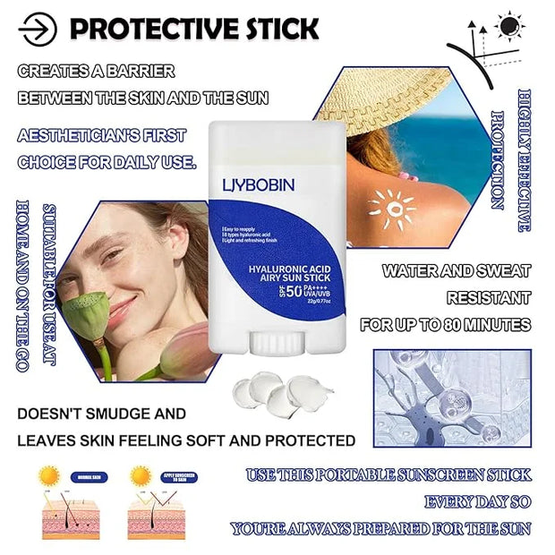 Hyaluronic Acid Moisturizing Sun Stick,SPF 50+ PA++++,Mineral Sunscreen Stick for Face,Beach Defense Sunscreen Stick,Trave...