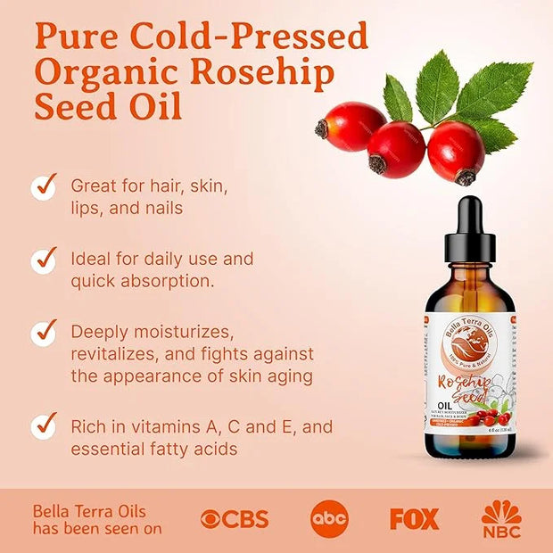 Bella Terra Oils Organic Rosehip Oil for Face, Pure Cold-Pressed Rose Hip Seed Oil for Skin & Hair, Natural Moisturizer & ...