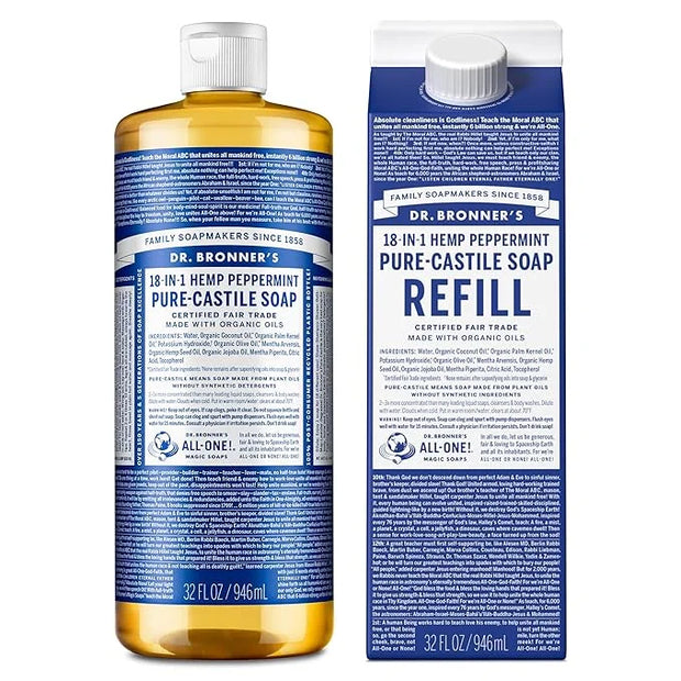 Dr. Bronner's Pure-Castile Liquid Soap Bottle & Refill Carton - Made with Regenerative Organic Certified Oils, 82% Less Pl...