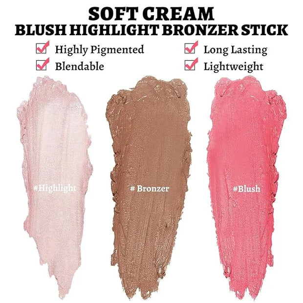 Face Stick Trio 3Pcs Multi Makeup Blush Highlighter Contour Sticks, Buildable Blendable Lightweight Cream Blush Stick for ...