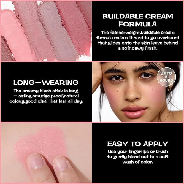 FOCALLURE Cream Blush Makeup,Buildable Blush Stick for Cheeks,Matte and Dewy Finish,Long Wearing,Easy Application,Lightwei...