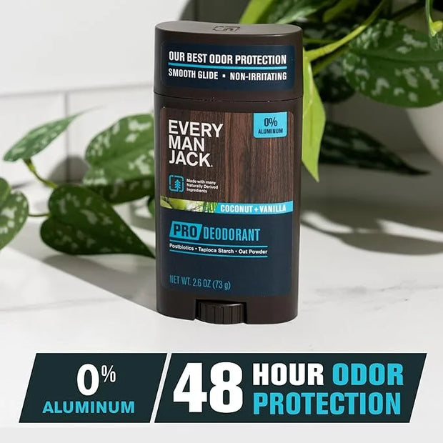 Every Man Jack Men's Pro Deodorant - 48-Hour Odor Defense Blend - Aluminum Free - Contains Postbiotics, Tapioca Stach & Oa...