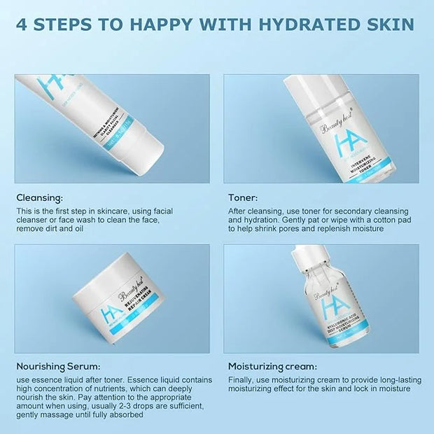 4-Piece Hydrating Skin Care Set Hyaluronic Acid Moisturizing Travel Kit – Facial Cleanser, Refreshing Toner, Nourishing Se...