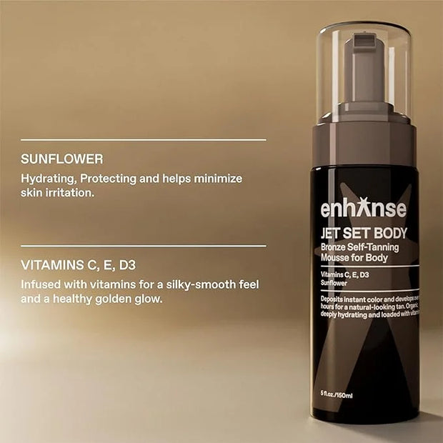 Jet Set Body Self Tanner Mousse & Tanning Mit for Men, Hydrating Self Tan, Vitamin C E D3, Instant Glow, Develops Over 6 H...