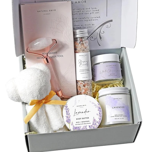 Natural Amor- Lavender Spa Gift Set-6pc Handmade Bath Gift for Women or Men including Body Butter, Natural Clay Mask, Bath...