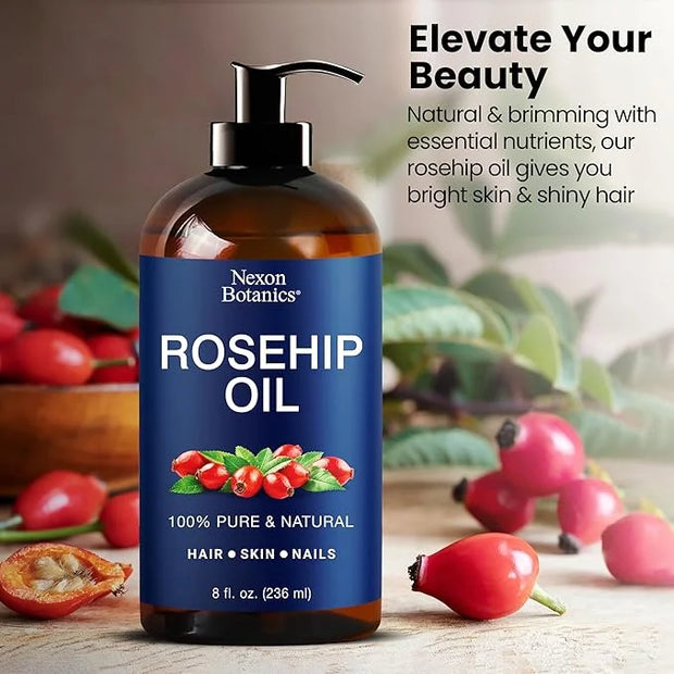 Rosehip Oil for Face 8 fl oz - Rosehip Seed Oil for Gua Sha, Massage, and Skin Care - Aceite de Rosa Mosqueta - Nexon Bota...
