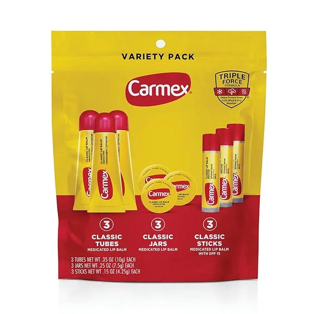Carmex Classic Medicated Lip Balm Pack, Lip Moisturizer for Chapped Lips, 9-Count Variety Pack Bag (3 Tubes, 3 Sticks, 3 J...