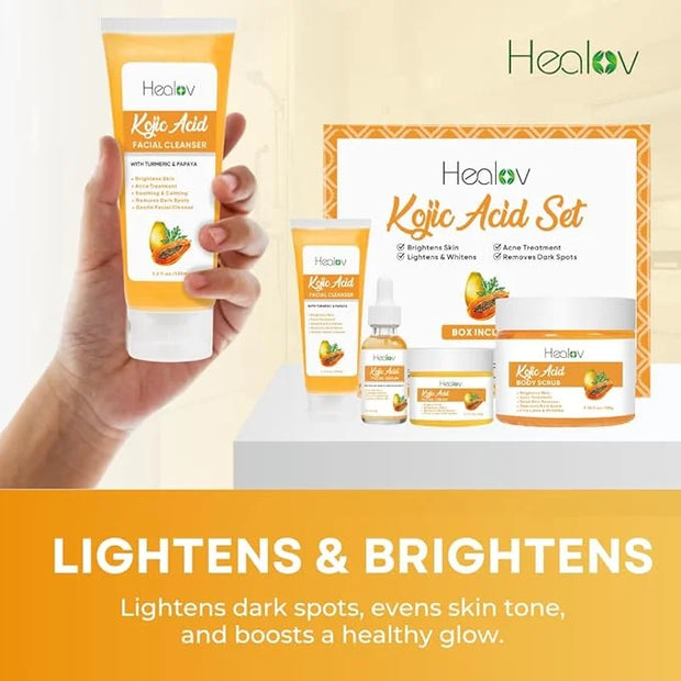 Kojic Acid Skincare Set – Kojic Soap Cleanser, Exfoliating Body Scrub, Face Cream & Brightening Facial Serum – Skin Bright...
