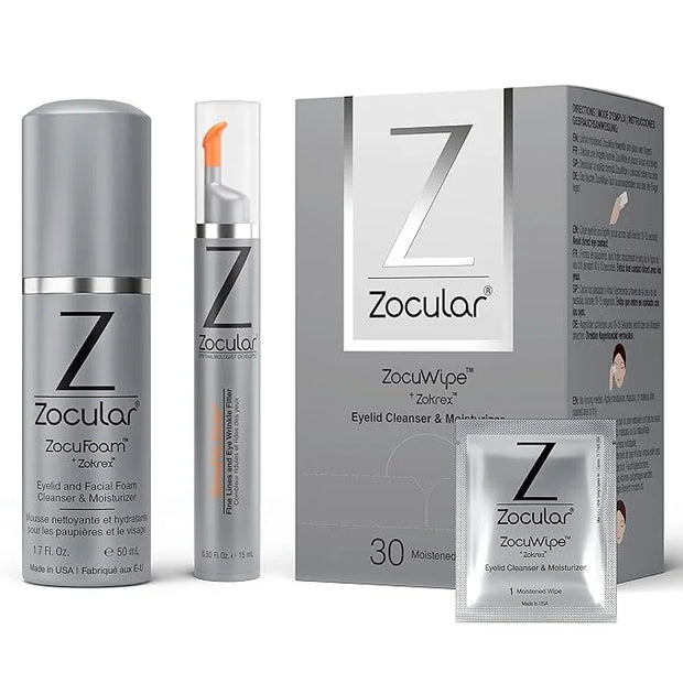 Zocuwipe Eyelid Wipes Eyelid Cleanser and Moisturizer Pads 30ct + Zocufill Elixir Eye Gel and Face Serum + Zocufoam Cleans...