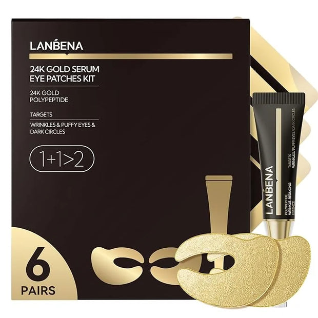 LANBENA Under Eye Patches (6 Pairs), Wrinkle-Reduce Essence(0.27 Fl.Oz), 24K Gold Full Around Gel Serum Mask, Puffy Undere...