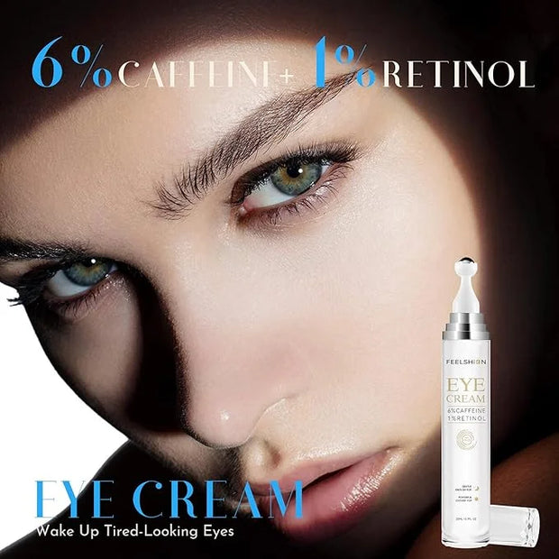 6% Caffeine + 1% Retinol Eye Cream for Dark Circles, Puffy Eyes & Bags | 360° Massage Ball for Fine Lines | Collagen & Cen...