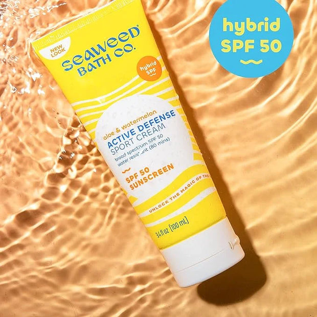 Seaweed Bath Co. Active Defense SPF 50 Sport Broad Spectrum Hybrid Sunscreen Cream, 3.4 Ounce, Sustainably Harvested Seawe...