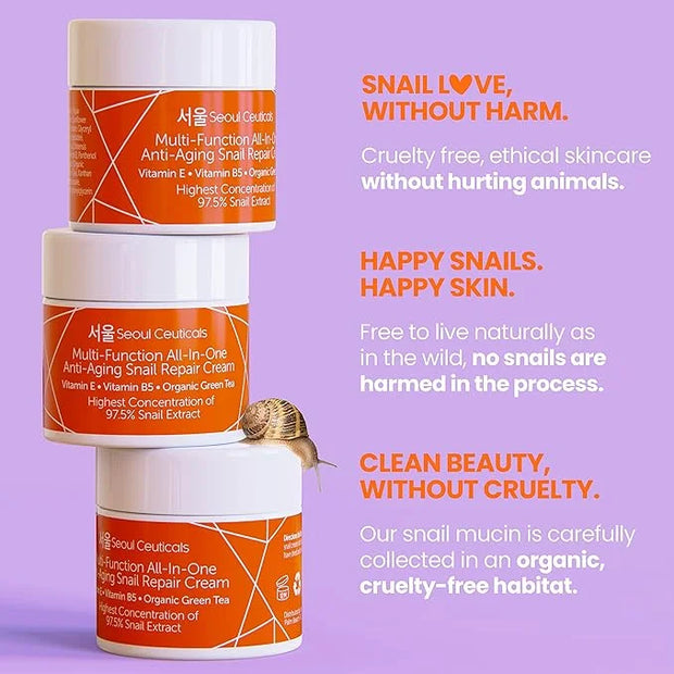 SeoulCeuticals Korean Skin Care 97.5% Snail Mucin Moisturizer Cream - K Beauty Skincare Day & Night Snail Repair Cream Fil...