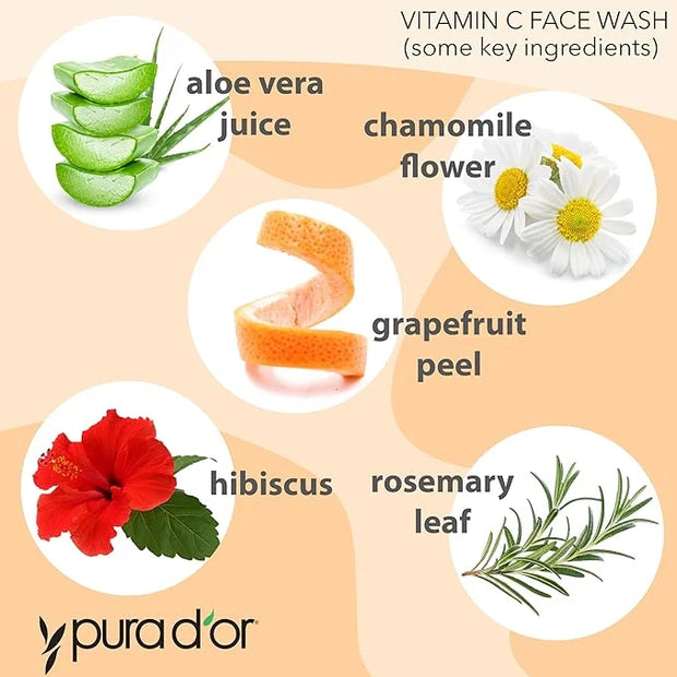 PURA D'OR Vitamin C Face Wash (8oz x3 = 24oz) Antioxidant Rich Facial Cleanser For Radiant Glow & Even Skin Tone - Gentle,...
