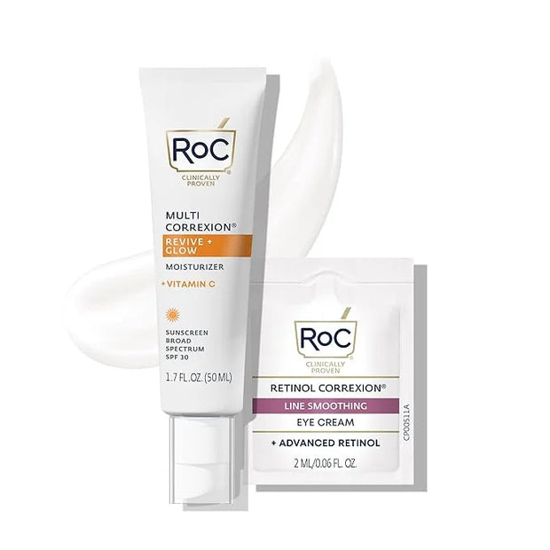 RoC Multi Correxion Revive + Glow Vitamin C Broad Spectrum SPF 30 Moisturizer (1.7 oz) with Retinol Eye Cream Packette - P...