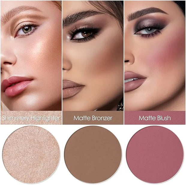 FOCALLURE Blush and Highlighter Palette,3 in 1 Contour Palette,Cruelty-Free Matte Bronzer Powder,Shimmer Illuminator Highl...